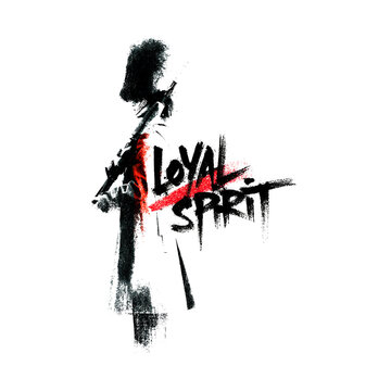 Loyal spirit with abstract design shows figure holding weapon and bold lettering