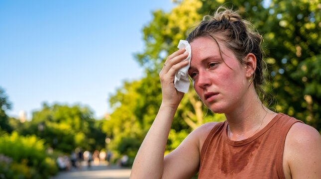 Sweaty woman wiping her forehead while standing outdoors in the sun