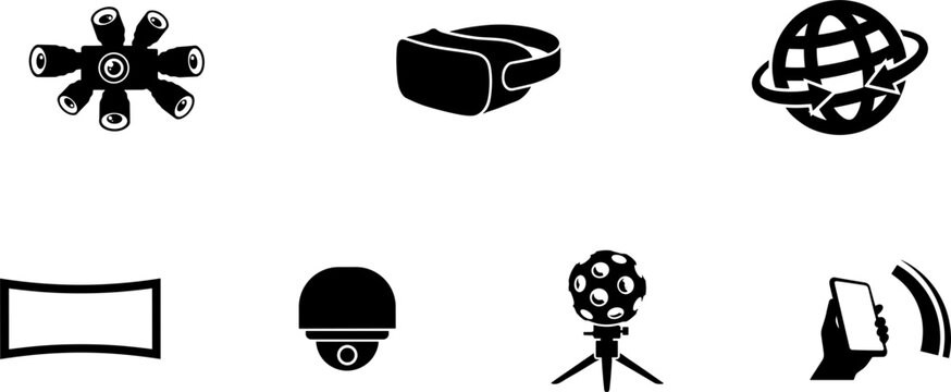 Virtual Reality and 360 Degree Camera Silhouette Icon Set with VR Headset Panoramic Screens Globular Multi Lens Tech and Smart Mobile Communication Graphics