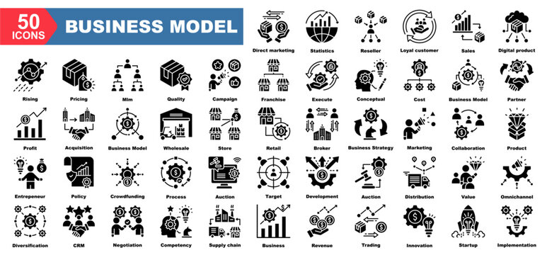 Business Model icon collection set.Statistics,Reseller,Loyal customer,Sales,Digital product,Rising,Pricing.Flat icon collection.