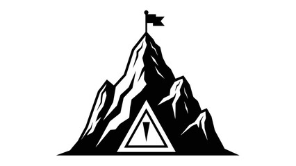 A striking black and white illustration depicts a jagged mountain peak crowned with a fluttering flag, with a warning triangle symbol at its base. © Bawoto