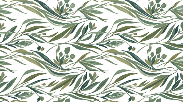 The hand drawn botanical seamless pattern features lush greenery with leaves and flowers.