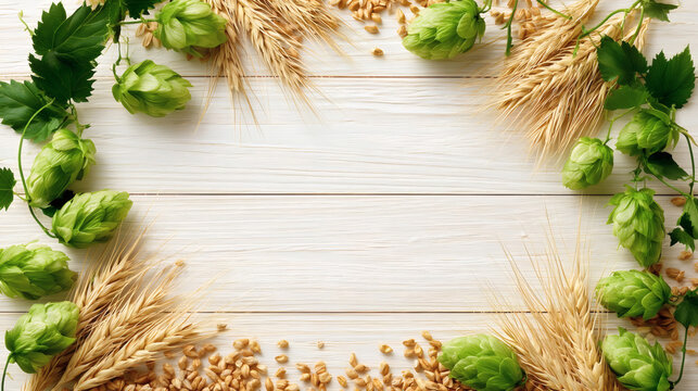 Fresh green hop cones and golden barley ears with grains arranged on a light wooden background, perfect for brewery, beer, or harvest-themed designs.