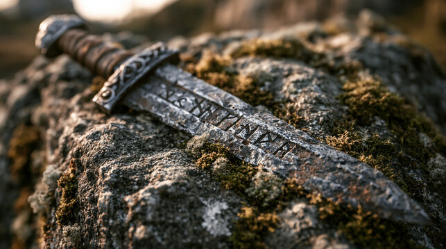 Massive ancient sword with rune carvings embedded in mossy rock.
