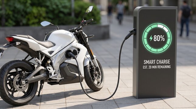 A white electric motorcycle connected via heavy duty cord to modern outdoor charging station kiosk with mint green digital dial display, electric bike charging