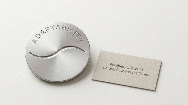 Metal disc and card with words on adaptability and flexibility