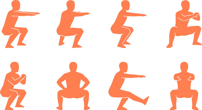 Orange Human Figure Squat Exercise Silhouette Vector Set for Fitness Training, Workout Guides & Gym Instructional Posters (EPS)