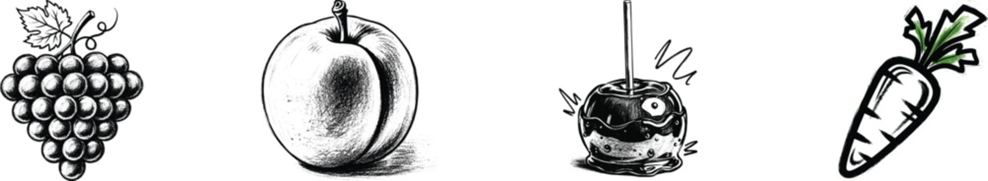 A collection of four distinct black and white sketches featuring grapes, a plum, a candy apple, and a carrot, presented on a white background