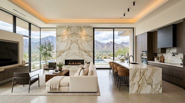 Luxury Modern Living Room with Marble Fireplace and Mountain View