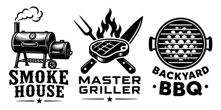 BBQ Master Grill Logotype Design Set Isolated On White Background, barbecue, bbq, grill, master, griller, steak, meat, badge, logo
