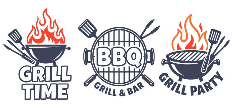 BBQ master grill logotype design set, master griller badge and barbecue design elements, vintage grill and meat steak illustration, barbecue, bbq, grill, master, griller, steak, meat, badge, logo, emb