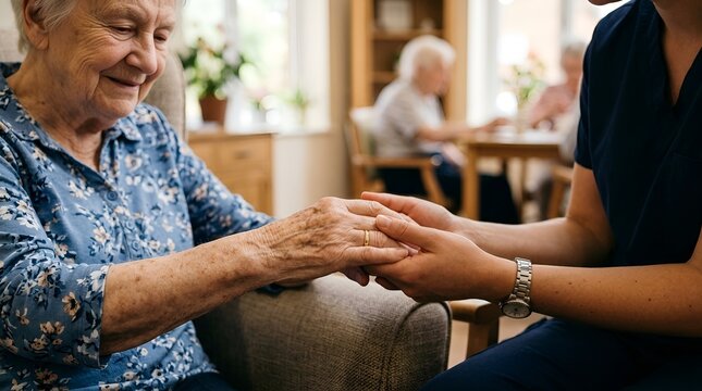 Nurse holding elder woman's hands, comfort and care in nursing home