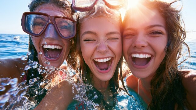 Joyful friends sharing a memorable snorkeling adventure outdoors