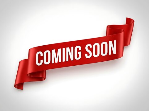 Red ribbon with coming soon text on white background