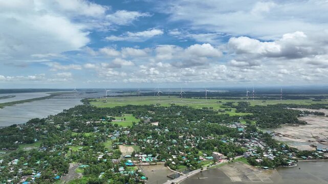 Aerial view of wind turbines and rural village in kutubdia bangladesh