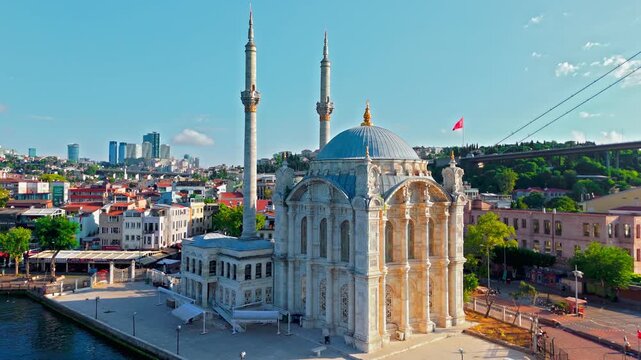 Drone view of Buyuk Mecidiye Mosque and the surrounding Ortakoy district. The mosque&rsquo;s domes, minarets and waterfront location define this iconic Istanbul scene.