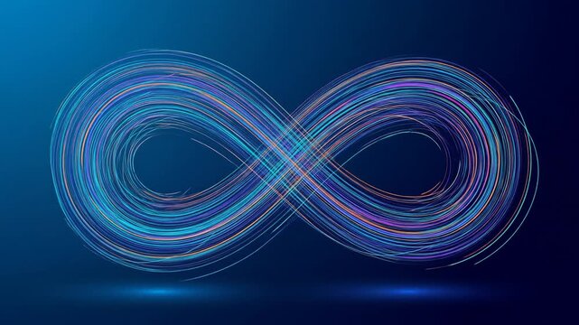 Abstract glowing infinity symbol with colorful lines on a dark blue background, representing technology and endless connection