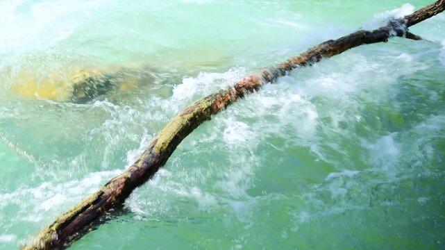 Weathered log lies across rushing turquoise river, water splashing over moss-covered bark in natural stream