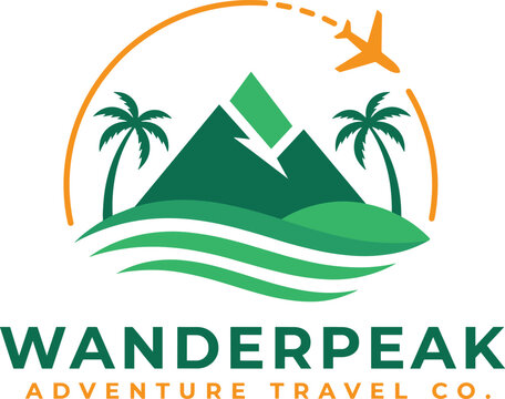 Adventure travel company featuring a green mountain, two palm trees, a flying airplane, and a dashed circular path on a white background