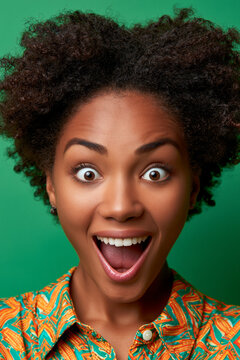 smiling wow portrait of surprised african woman, amazed black woman with joyful expression isolated on green, excited african girl reacting to good news on green background