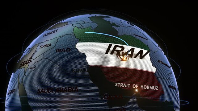  a stylized 3D map highlighting IRAN, Middle East, Iran map, Central Asia and Eastern Europe, Flag of Iran, Iran Flag, Strait of Hormuz,