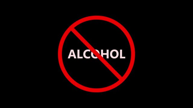 Alcohol sign warning symbol animation. Alcohol not allowed logo animation. Animated Under alcohol forbidden ban icon on black background.