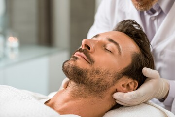 Fototapeta premium Man receiving professional facial massage at spa