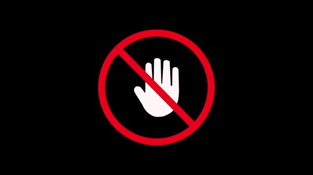 White hand symbol with red prohibition circle on black background stop Motion Graphic.