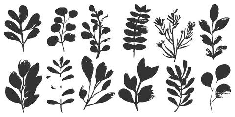 Hand drawn botanical leaves and branches black silhouette floral graphic element set vector. © Artful