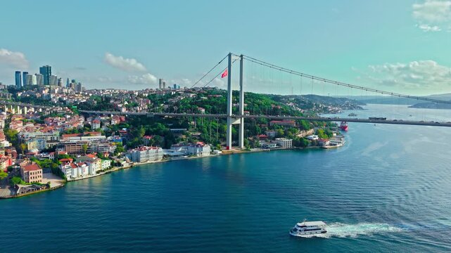 Aerial view of the Bosphorus Bridge crossing the Bosphorus Strait in Istanbul. Blue water, urban shoreline and the suspension bridge define this iconic city scene.