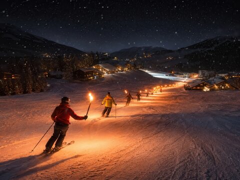 Fackelabfahrt in den &ouml;sterreichischen Alpen &ndash; Skifahrer fahren an Silvester bei Nacht mit Fackeln durch den Schnee, stimmungsvolles Wintersport-Motiv zum Jahreswechsel.