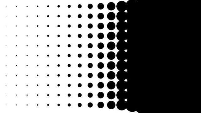White halftone dots transition scaling up animation on black background creating a smooth reveal effect for motion graphics and creative video production and editing.