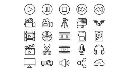 Minimalist video production icons set, 25 black line vector symbols for multimedia and film editing, professional cinema and photography equipment graphics © Iconify Studio