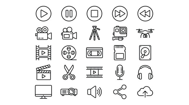 Minimalist video production icons set, 25 black line vector symbols for multimedia and film editing, professional cinema and photography equipment graphics