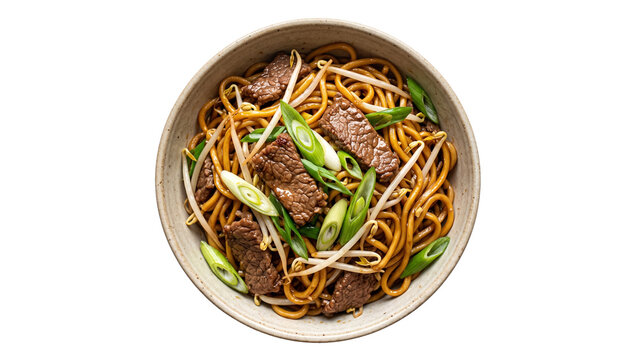 Beef lo mein with bean sprouts and scallions on transparent background