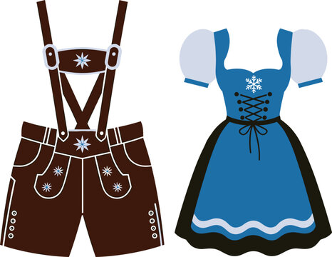 Traditional Bavarian Oktoberfest leather lederhosen and blue dirndl dress costume set, German festival clothing vector