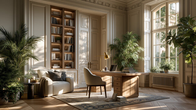 Luxurious Home Office Ambiance: Sunlight streams into a beautifully appointed home office, highlighting a modern wooden desk, plush armchair, and lush indoor plants.