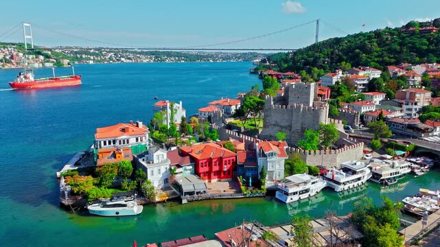 Drone view of Anadoluhisarı on the Bosphorus in Istanbul. Red cargo ship, blue water, coastal houses and lush greenery shape a peaceful waterfront scene.
