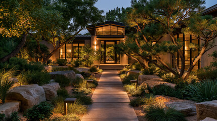 Obraz premium Tranquil Zen Garden Entrance: A beautifully illuminated pathway leads to the entrance of a modern home, set within a meticulously crafted Zen garden with large rocks, lush greenery, and mature trees.