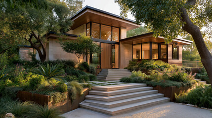 Fototapeta premium Modern Luxury Home Surrounded by Nature: A stunning contemporary house with large glass windows and a wooden facade is nestled amidst lush greenery and mature trees.