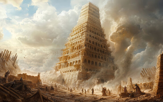 The Tower of Babel rises amidst a chaotic construction scene, with workers toiling under dramatic skies as the massive structure reaches towards the heavens