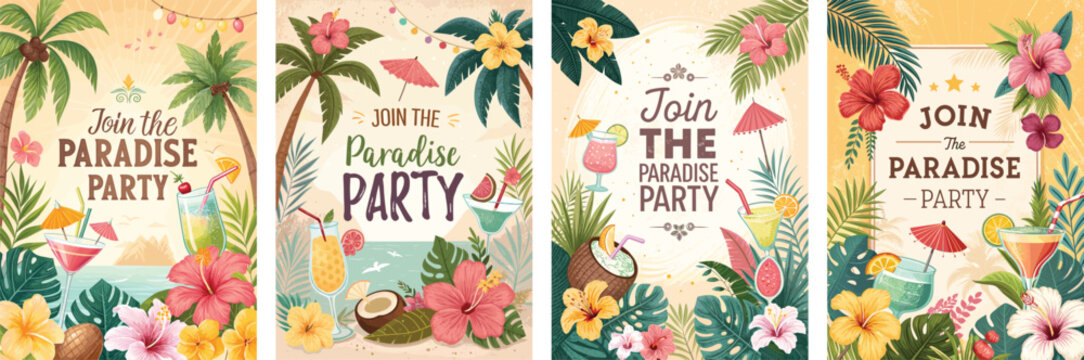 Tropical paradise party invitations with vibrant flowers and drinks.