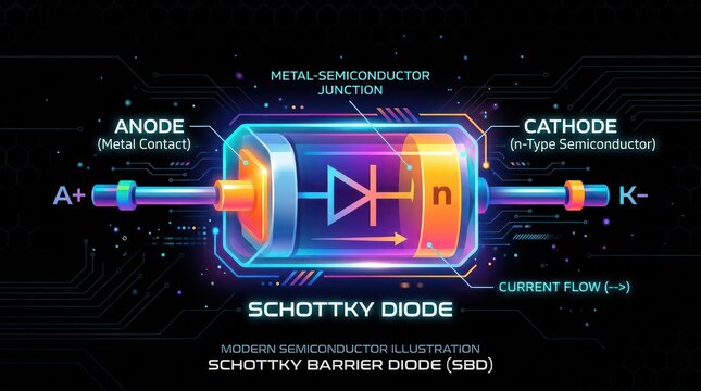 Technical diagram of schottky diode showing internal structure and electron current flow.