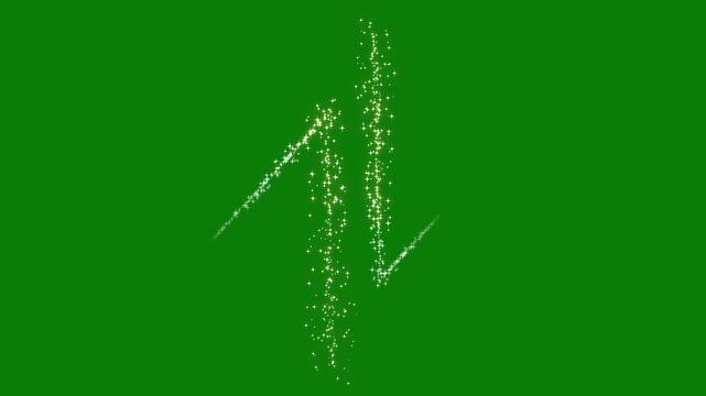 Twinkling glitter particle star trail animation with white shining sparkles, golden fairy dust, glowing magic line burst, flat cartoon vector doodle style overlay for green screen background, 4K video