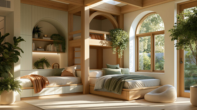 Cozy Bunk Room Retreat: A beautifully designed interior with bunk beds and a daybed, featuring natural wood accents, abundant greenery, and large windows flooding the space with natural light.