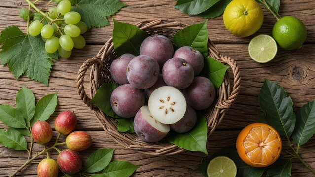 Fresh Caimito Fruit with Glossy Purple Skin and Creamy Flesh on Rustic Wooden Table, Exotic Organic Harvest, Premium Food Photography Style