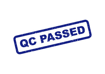 Obraz premium Blue qc passed rubber stamp ink seal with a grunge texture isolated on transparent background