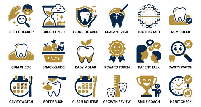 Teeth Care Icons Set with Dental Checkups, Brushing Timers, Fluoride Drops, and Smile Badges in Blue and Gold