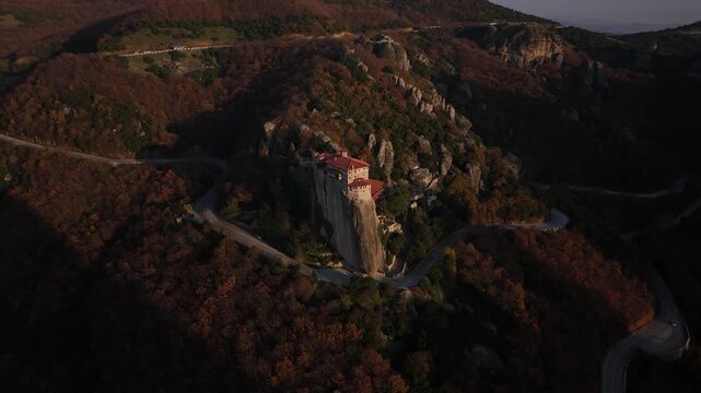 Spectacular Drone Flight Over Meteora Monasteries and Towering Cliffs in Greece