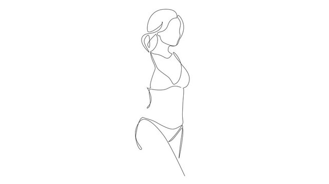 animated minimalist continuous line drawing of a woman in a bikini, abstract line art animation of a female body in swimwear